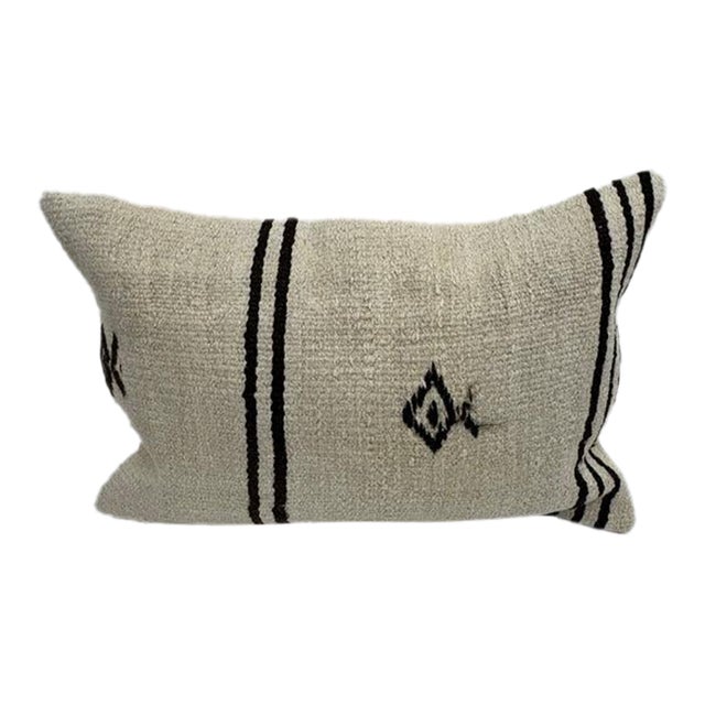 Turkish Hemp Pillow Cushion Natural Beige Black Pillow Cushion Cover 16" x 24" For Sale
