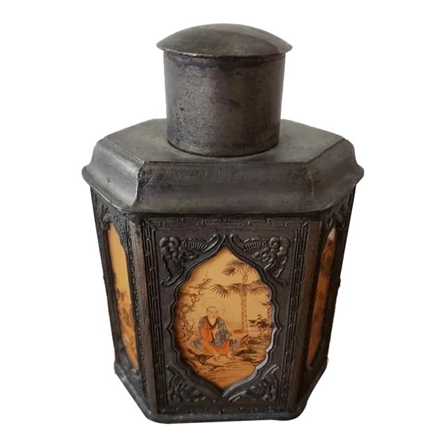 19th Century Chinese Pewter Swatow City Reverse Painted Glass Tea Caddy For Sale