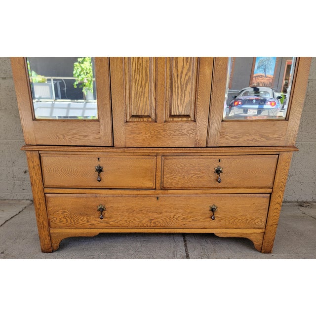 Antique Armoire / Wardrobe English Oak With Beveled Mirror Doors For Sale - Image 10 of 18