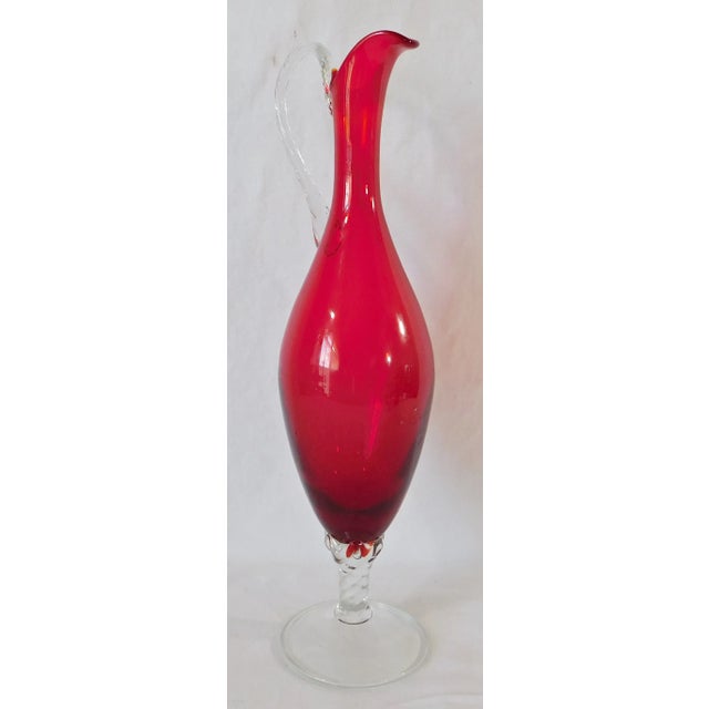 Large Vintage Elegant Hand Blown Ruby Red Glass & Spiral Clear Crystal Wine Decanter Pitcher For Sale In West Palm - Image 6 of 12