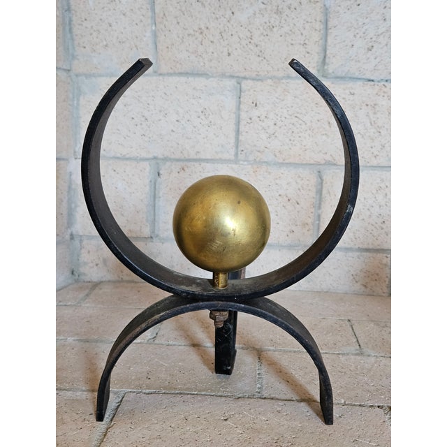 Mid-Century Modern 1960s MCM Donald Desky Iron and Brass Fireplace Andirons Set For Sale - Image 3 of 4