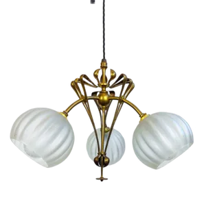 English Arts and Crafts Brass Chandelier with 3 Fluted Etched Glass Open Globe Shades, 1890s