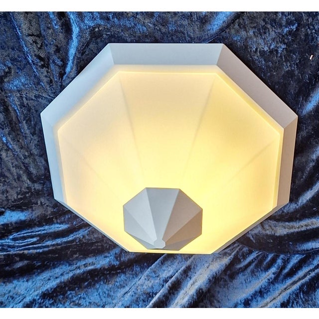 1980s Vintage Flat Ceiling Lamp with White Metal Base and Opaque White Glass Shade from Glashütte Limburg, 1980s For Sale - Image 5 of 8