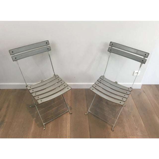 Zanotta, Grey Leather and White Lacquered Metal Folding Chairs, Italian - A Pair For Sale - Image 6 of 13