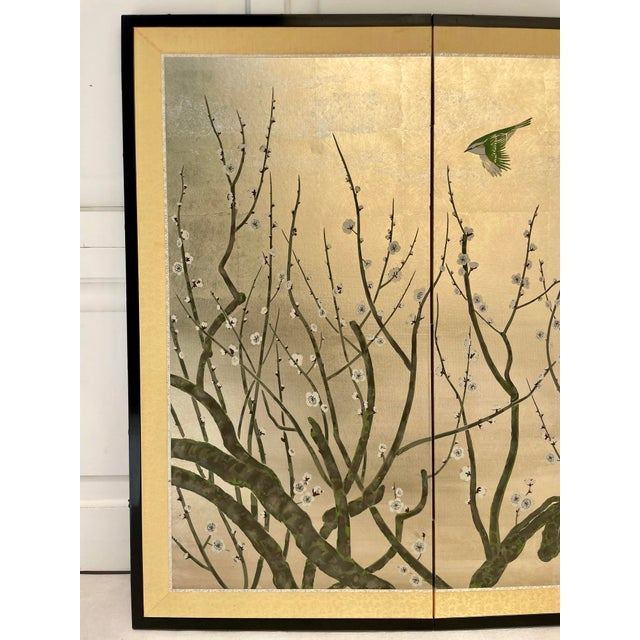 Japanese Showa 4-Panel Folding Screen With Blossoms and Songbirds on Goldleaf Background For Sale - Image 4 of 12
