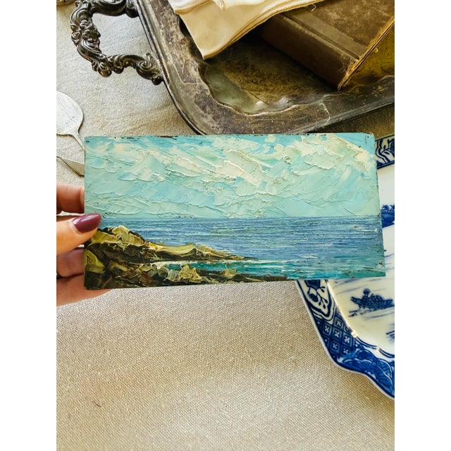 Sky Blue Vintage Italian Impasto Blue Seascape Painting Sienna Italy Abstract Coastal Art on Board Small Art For Sale - Image 8 of 8