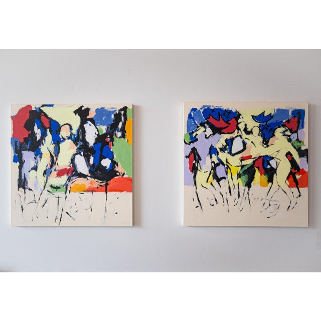 This figurative painting features bold colors and striking shapes. Saturated blue and red contrast against pastel tones...