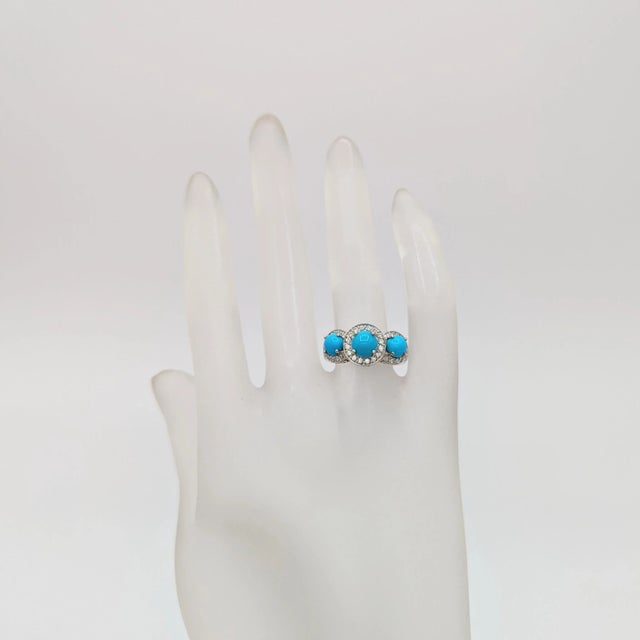 Contemporary Turquoise Cabochon and White Diamond Three Stone Ring in Platinum, size 5.75 For Sale - Image 3 of 7