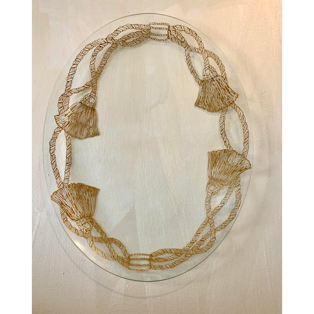 Stunning 19” large oval transparent glass tray with delicate four gilt tassel side docoration Perfect to serve your...