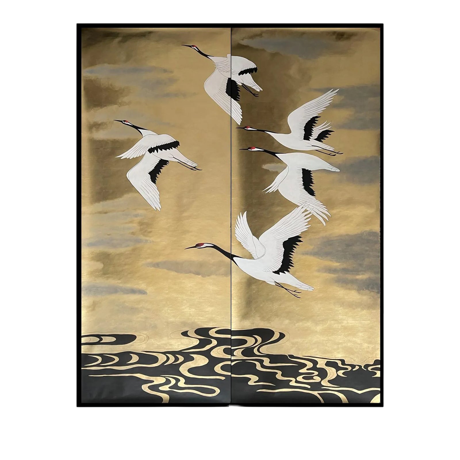 Cranes Murals Hand Painted Wallpaper on Gold Metallic With Antiques