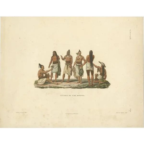 This antique print titled "Naturels de l'Ile Rotouma" depicts the indigenous people of the Island of Rotuma. The print...