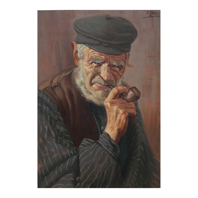 Antique Oil Painting: Ukrainian Man With Pipe, Socialist Realism Art 47-33 For Sale