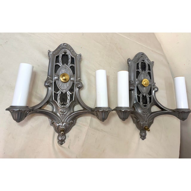 Metal Pair of Antique Ornate 2-Arm Pewter Silver Gold Electric Wall Sconces Fixture For Sale - Image 7 of 10