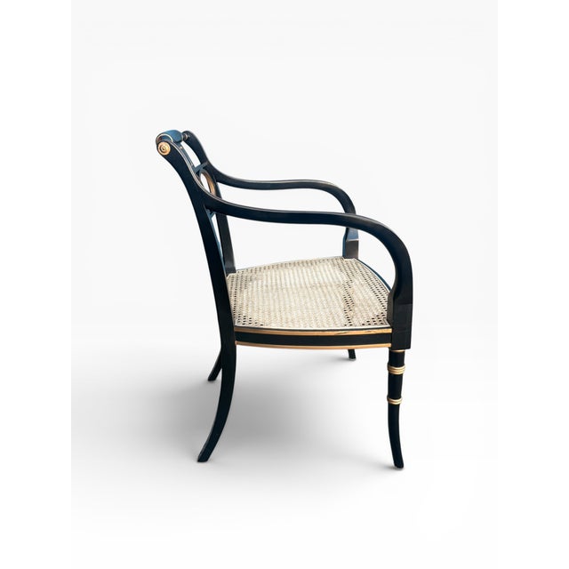 Late 20th Century Pair of Baker Furniture “Governor Alston” Regency Black & Gilt Caned Armchairs For Sale - Image 5 of 14