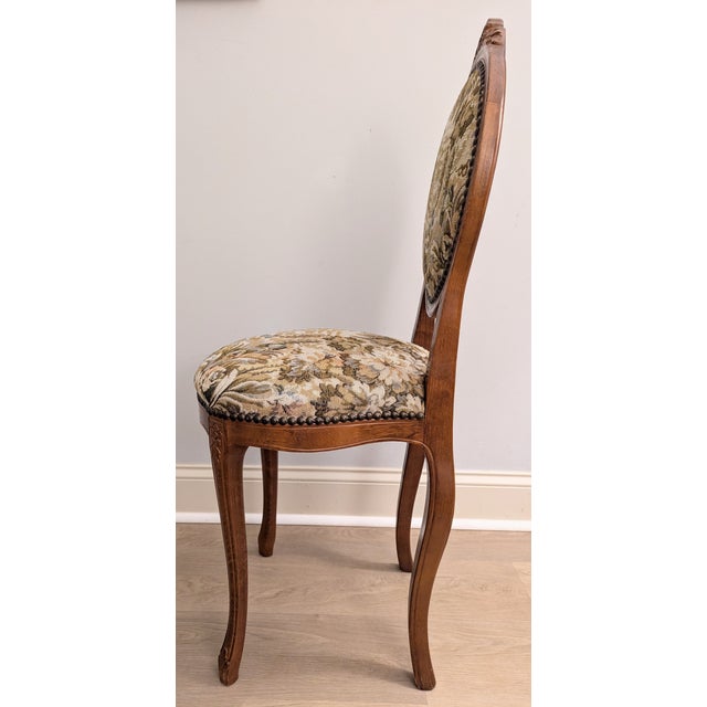 Vintage Carved Walnut Balloon Chair Early Louis XV Style Tapestry For Sale In Raleigh - Image 6 of 14