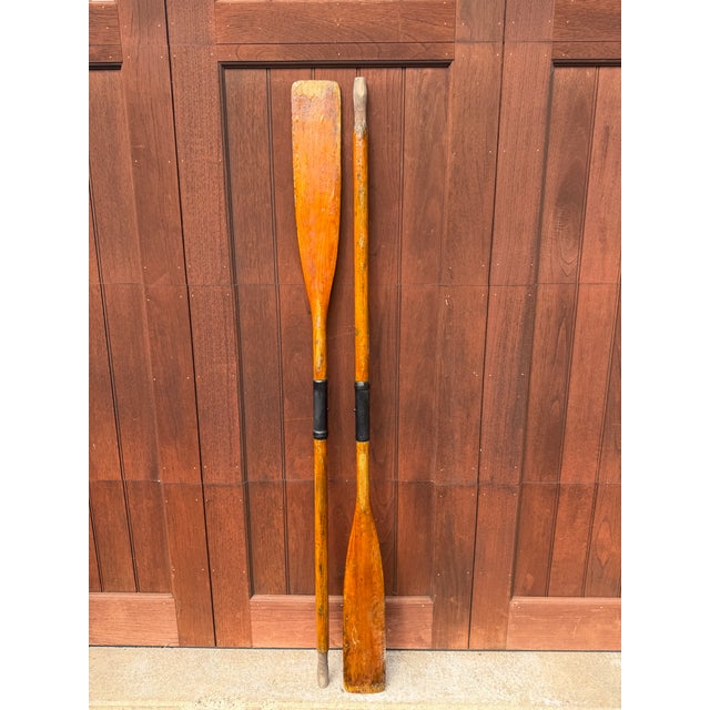 Amber Vintage Two-Piece Wooden Canoe Oars – Pair of Antique Sectional Boat Paddles – Rustic Lake House & Coastal Wall Decor For Sale - Image 8 of 17