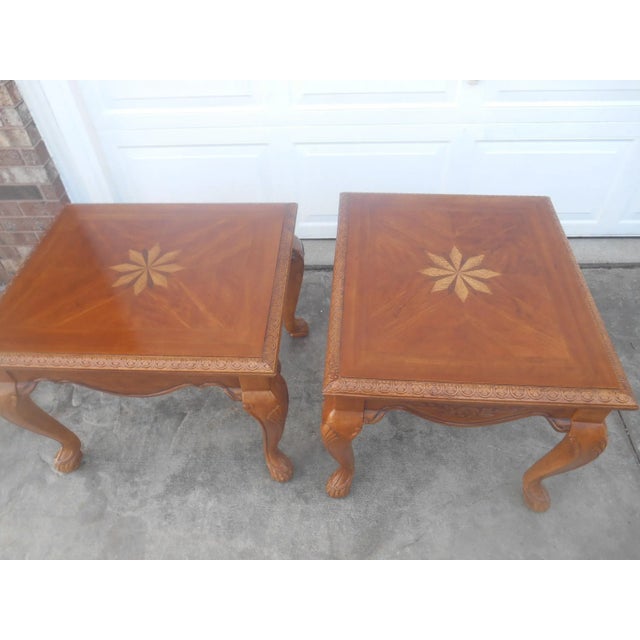 Beautiful Vintage Handcarved Pair of Side Tables With Satinwood Inlays For Sale - Image 4 of 9