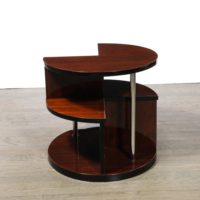 Art Deco Machine Age 3-Tier Walnut Occasional Table With Chrome Rod Supports For Sale - Image 4 of 15