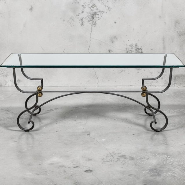 French Mid-Century French Neo-Classical Style Wrought Iron Glass Top Console Table Credenza For Sale - Image 3 of 6