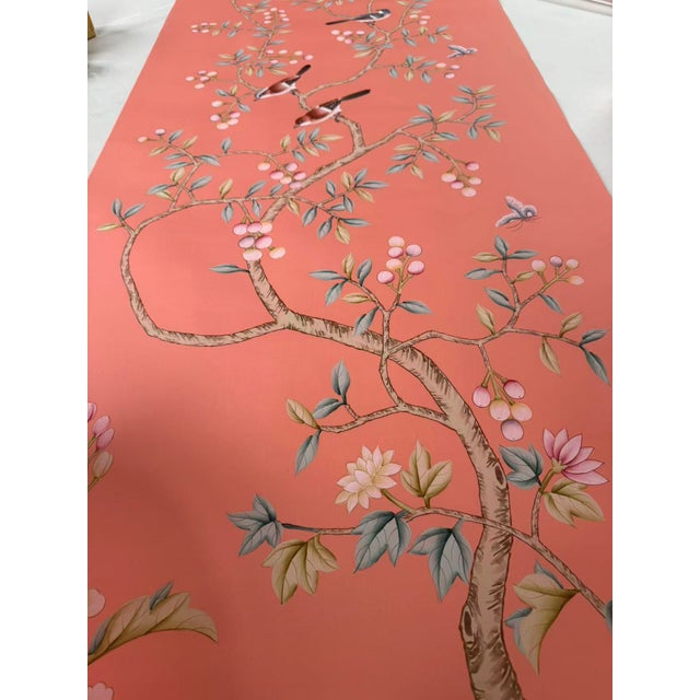 Not Yet Made - Made To Order Hand-Painted Coral Chinoiserie Wallpaper Panels – Floral Bird Mural, Luxury Statement Wall Art, 3 Panels 31x78” For Sale - Image 5 of 8