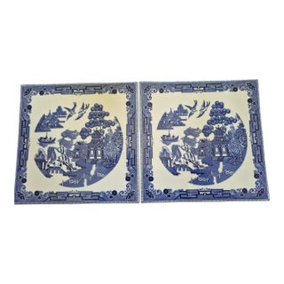 Late 20th Century Johnson Brothers Blue Willow Square Ceramic Trivets - a Pair For Sale