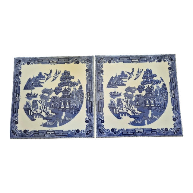 Late 20th Century Johnson Brothers Blue Willow Square Ceramic Trivets - a Pair For Sale