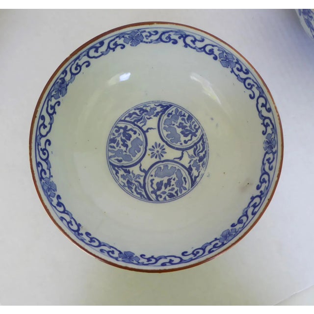 Ceramic Pair of Japanese Porcelain Bowls With Transfer Design in Blue / White 1950s For Sale - Image 7 of 11