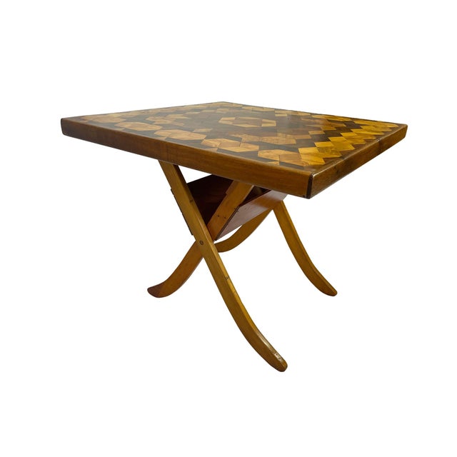 1970s Adjustable-Height Folding Marquetry Table, Don Shoemaker Style For Sale - Image 11 of 13