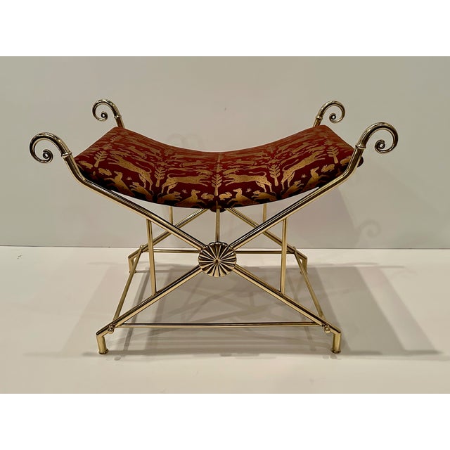 Hollywood Regency Italian Brass Bench With Printed Leather Upholstery For Sale - Image 10 of 12