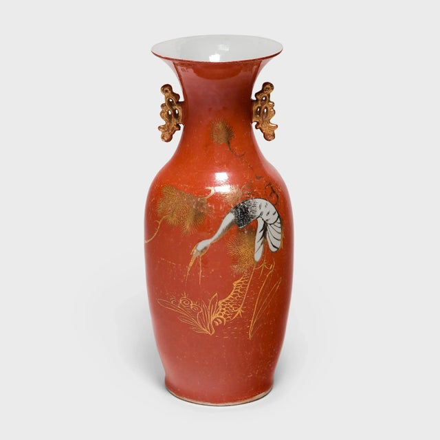 Ceramic Early 20th Century Art Deco Persimmon Phoenix Tail Vase With White Crane For Sale - Image 7 of 7