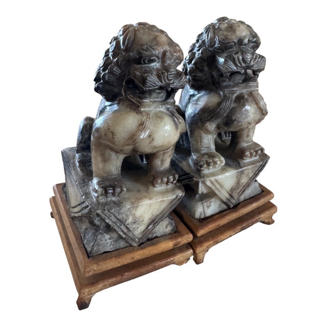 Vintage Foo Dogs Gray Marble Chinese Temple Lions 6” Tall For Sale
