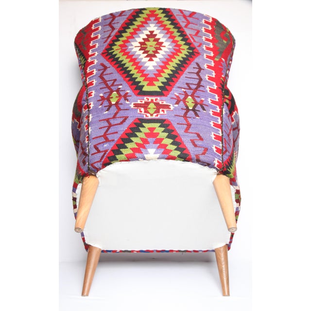 Classic Kilim Upholstered Wingback Armchair, Vintage Boho Vibes For Sale - Image 4 of 9