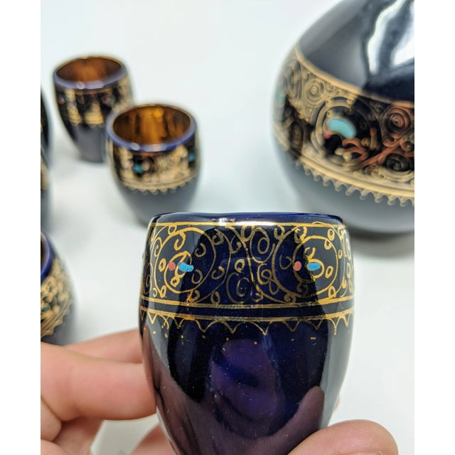 Vintage 1980s Regency Navy Blue and Gold Carafe & Shot Glass Set - 7 Pieces For Sale - Image 9 of 13