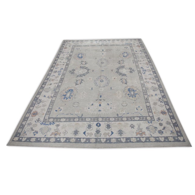 Early 21st Century Green & Gray Floral Design Handwoven Wool Turkish Oushak Rug 9'11" X 14' For Sale In Houston - Image 6 of 8