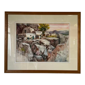 1980's Gustave Wander Mixed Media Collage Native American Taos Pueblo Watercolor Painting