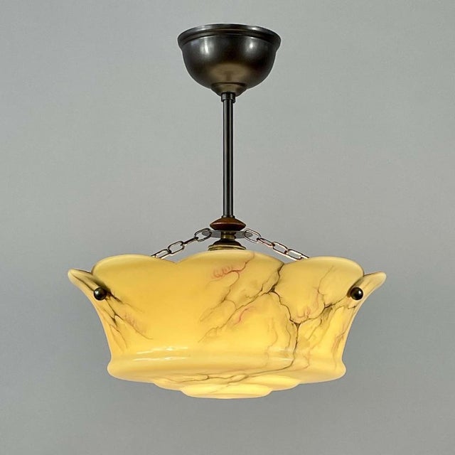 Art Deco Marbled Opaline & Brass Semi Flush Mount, Sweden, 1930s For Sale - Image 4 of 16