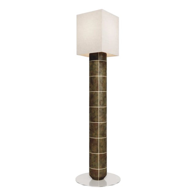 Handcrafted Ceramic Floor Lamp in Smoked Moss Glaze With Linen Lampshade For Sale