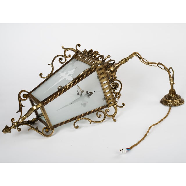 1950s Brass & Etched Glass Cross Lantern For Sale - Image 4 of 11