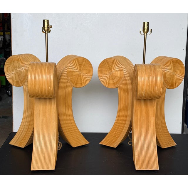 Large Pair Sculptural Modernist Pencil Reed Scroll Lamps, 1980s For Sale - Image 6 of 9