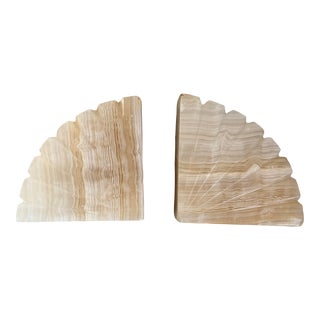 Vintage Art Deco White Banded Onyx Fan Bookends - A Pair For Sale