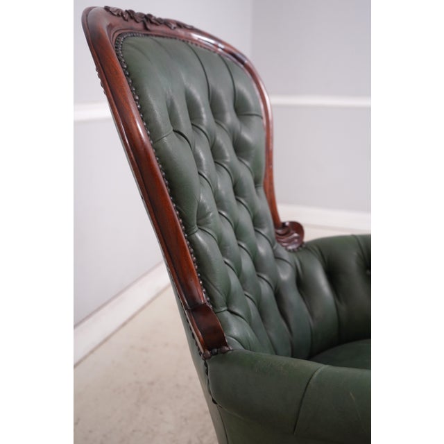Wood Carved Mahogany Frame Green Leather Office Desk Chair For Sale - Image 7 of 18