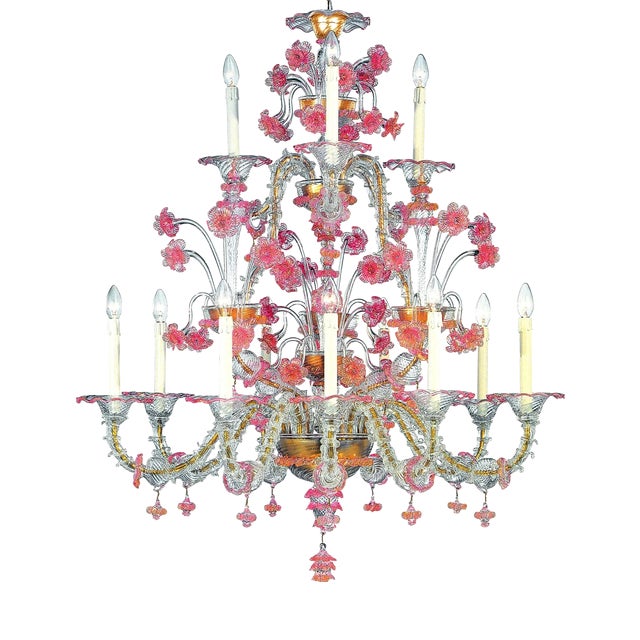Ca Rezzonico Venetian Chandelier in Transparent and Pink Floral Murano Glass by Simoeng for Simoeng For Sale