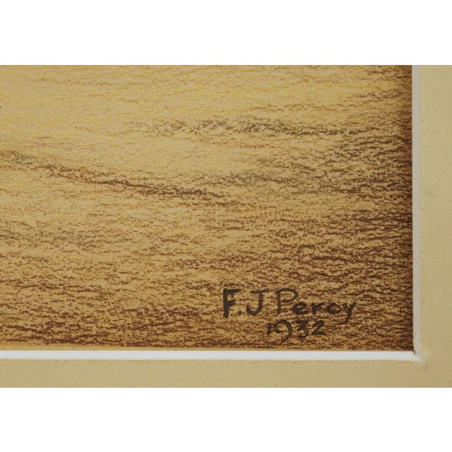 This charming vintage pastel drawing captures a picturesque riverfront scene, featuring three small figures in black and...