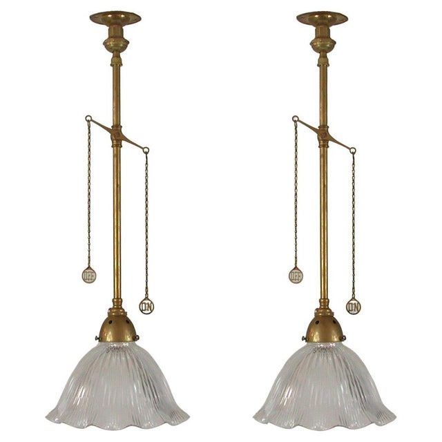 Art Deco Holophane Glass and Aged Brass Pendants, 1920s, Set of 2 For Sale - Image 18 of 18