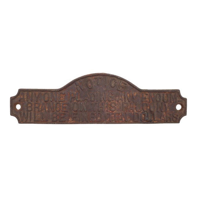 Antique Cast Iron Balcony Notice Plate For Sale