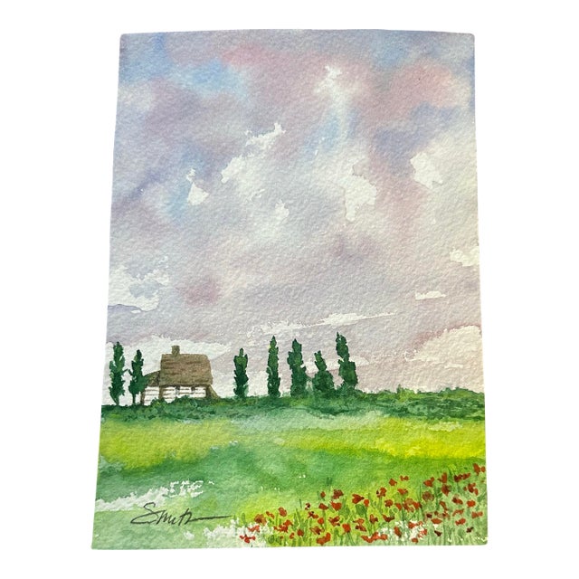 “Country Cottage at Dawn” Original Watercolor Landscape For Sale
