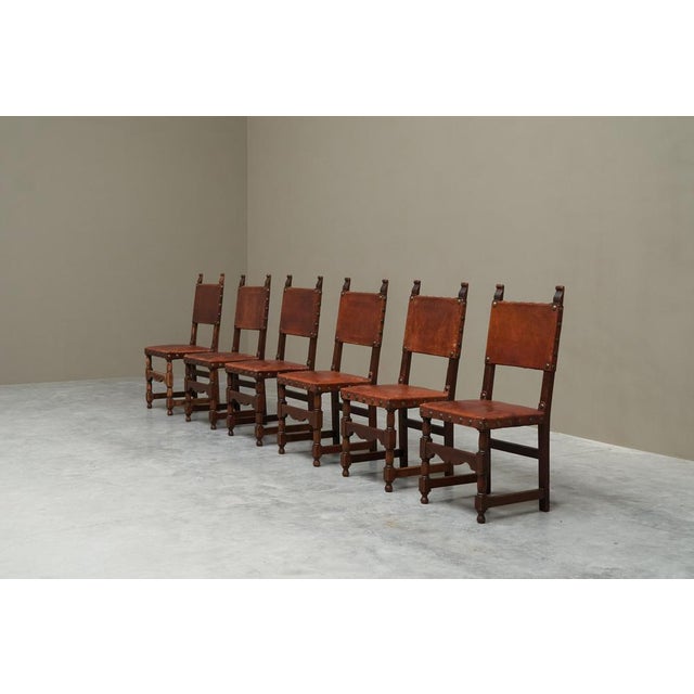 Spanish Chairs in Oak, Leather and Brass, 1960s, Set of 6 For Sale - Image 3 of 13
