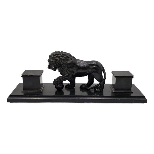 19th C Victorian Cast Iron Lion Double Inkwell Desk Set Antique Black Japanned. For Sale