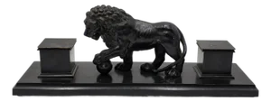 19th C Victorian Cast Iron Lion Double Inkwell Desk Set Antique Black Japanned.