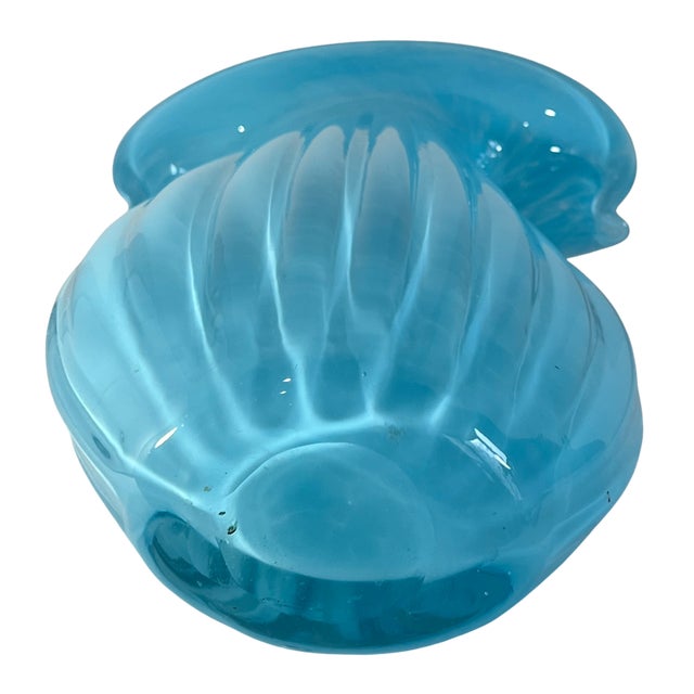 Art Glass Aqua Blue Vase Crescent Clam Lip Fluted Vase For Sale - Image 15 of 17